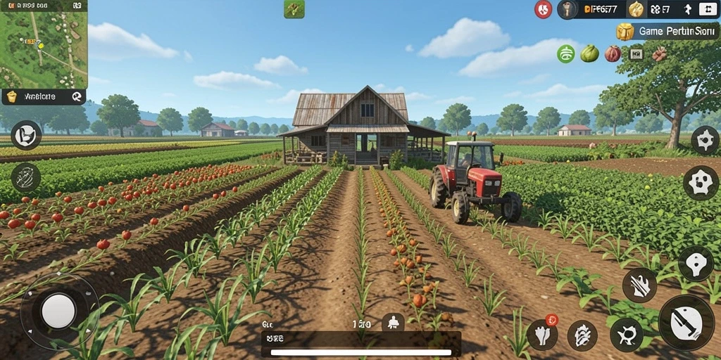 Tampilan gameplay RP6677 dengan kebun hijau yang subur dan hewan ternak.